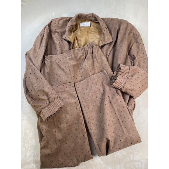 Vintage Caramel Studded Set Satin Lined Bomber Jacket Stretch Pant Suit M - Picture 5 of 16